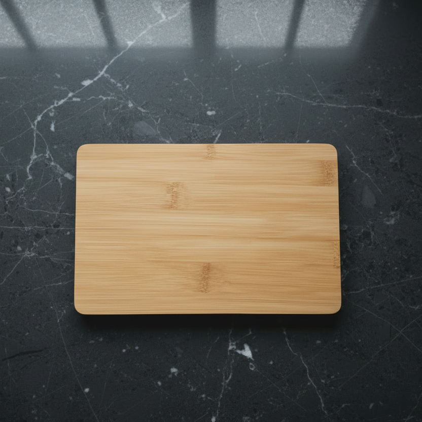 Bamboo cutting board on glossy marble with window reflections