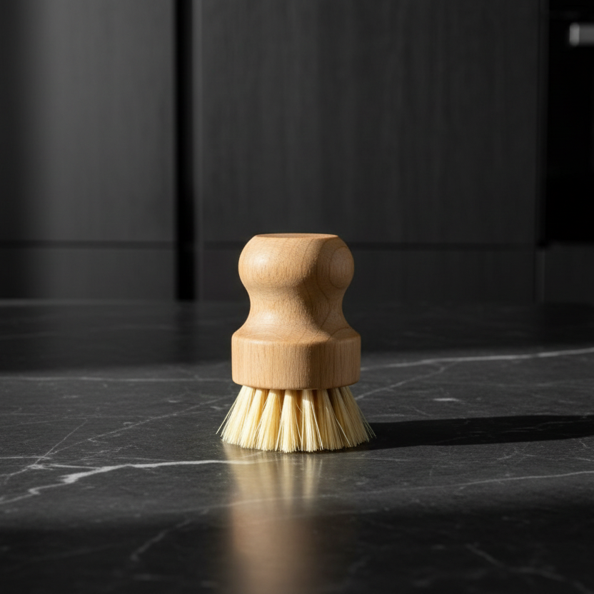 Single wooden dish brush on dark marble countertop